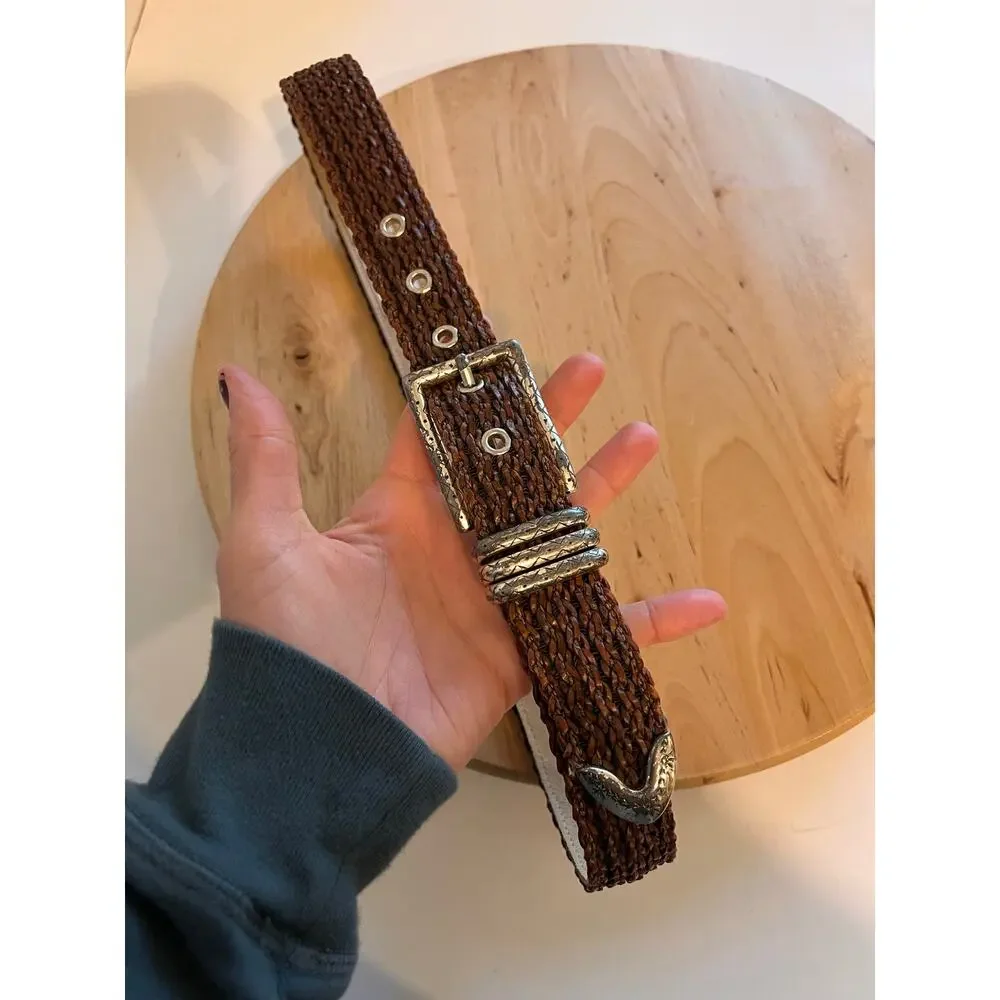 Vintage Woven Brown Barbara & Co Genuine Leather Silver Tipped Belt Size Medium